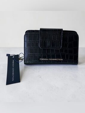 French Connection Black Croc-Embossed Clutch Wallet